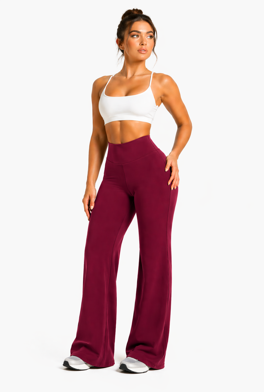 flare leggings women outfit gym burgundy