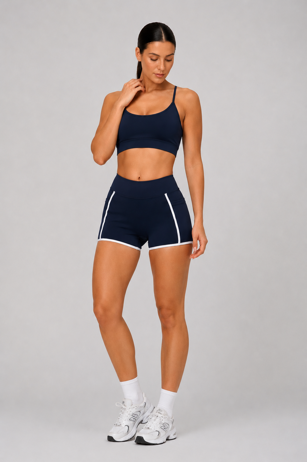 high waist pocket gym shorts women navy blue activewear set