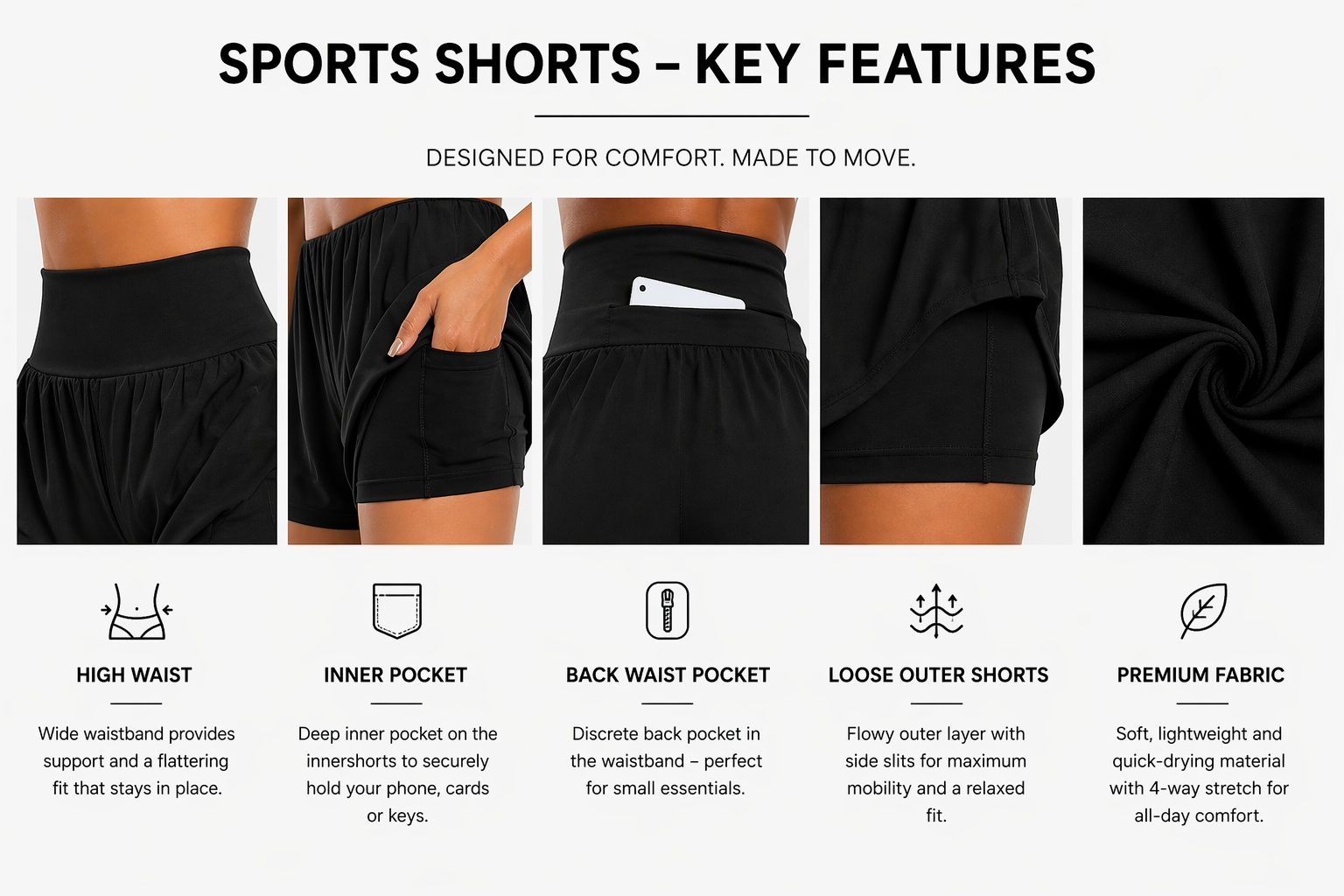 2-in-1 gym shorts women pocket black product features