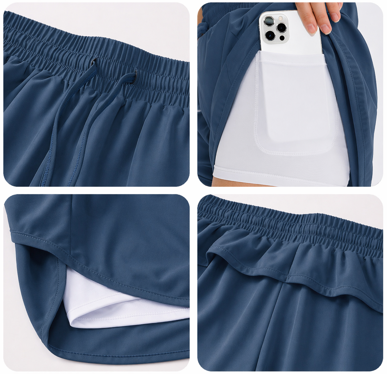 2-in-1 training shorts women pocket navy blue fabric detail
