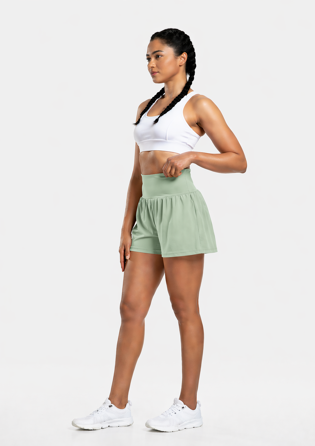 2-in-1 gym shorts women pocket bean green full body