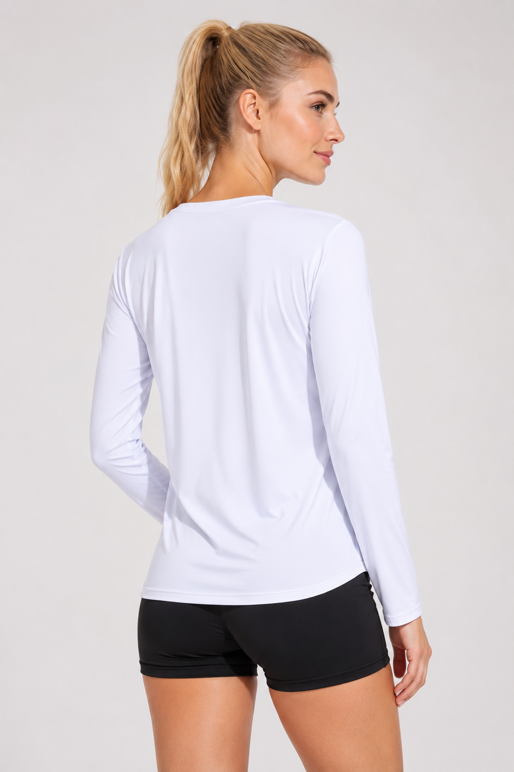 women’s long sleeve active top white back view