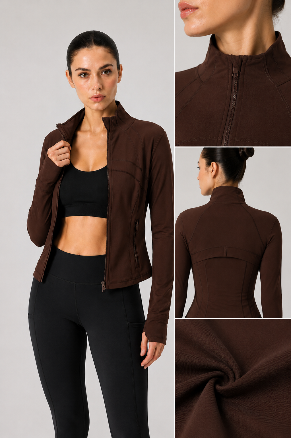 women yoga zip jacket brown fabric detail close up