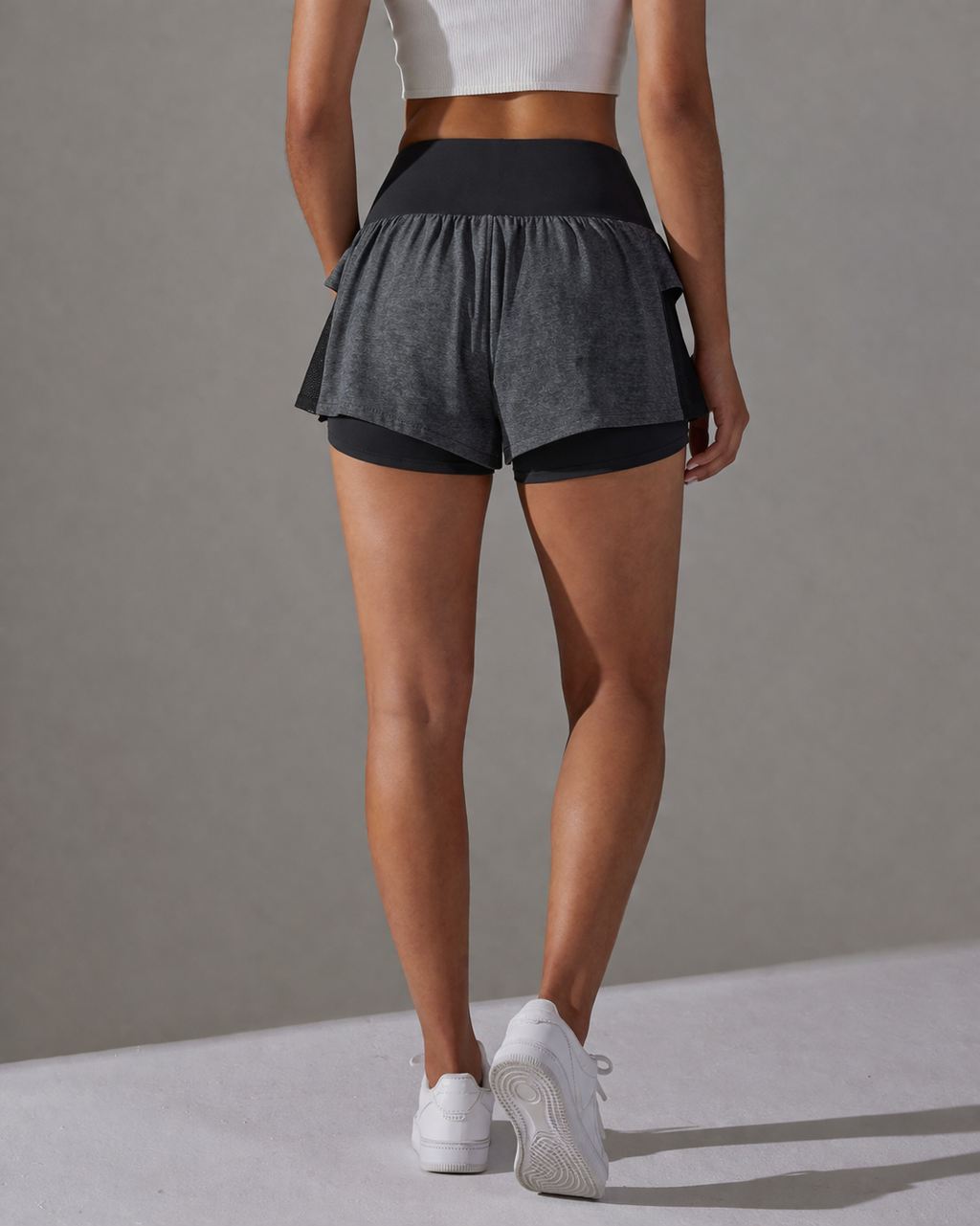 high waisted 2 in 1 shorts women back view flower gray