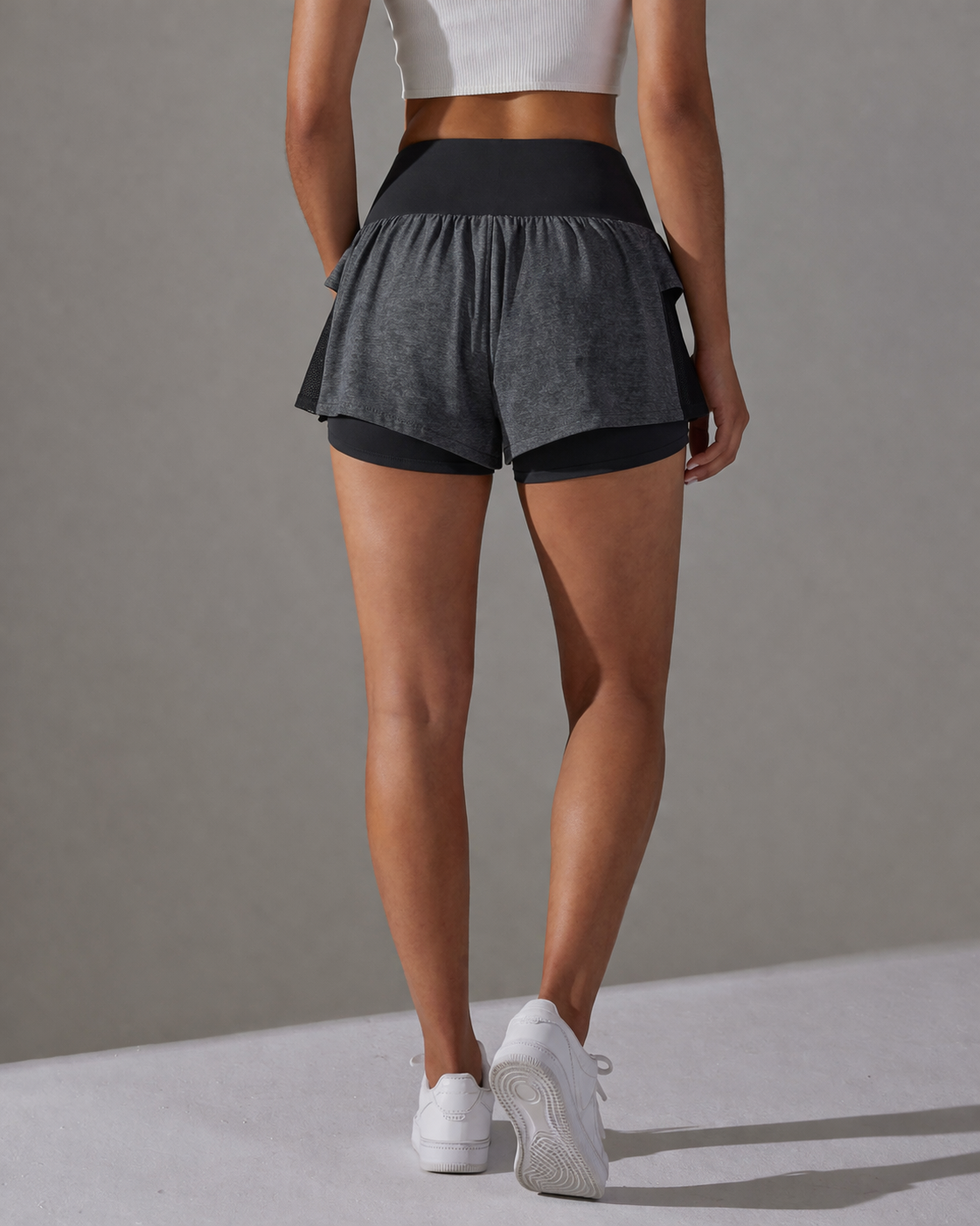 high waisted 2 in 1 shorts women back view flower gray
