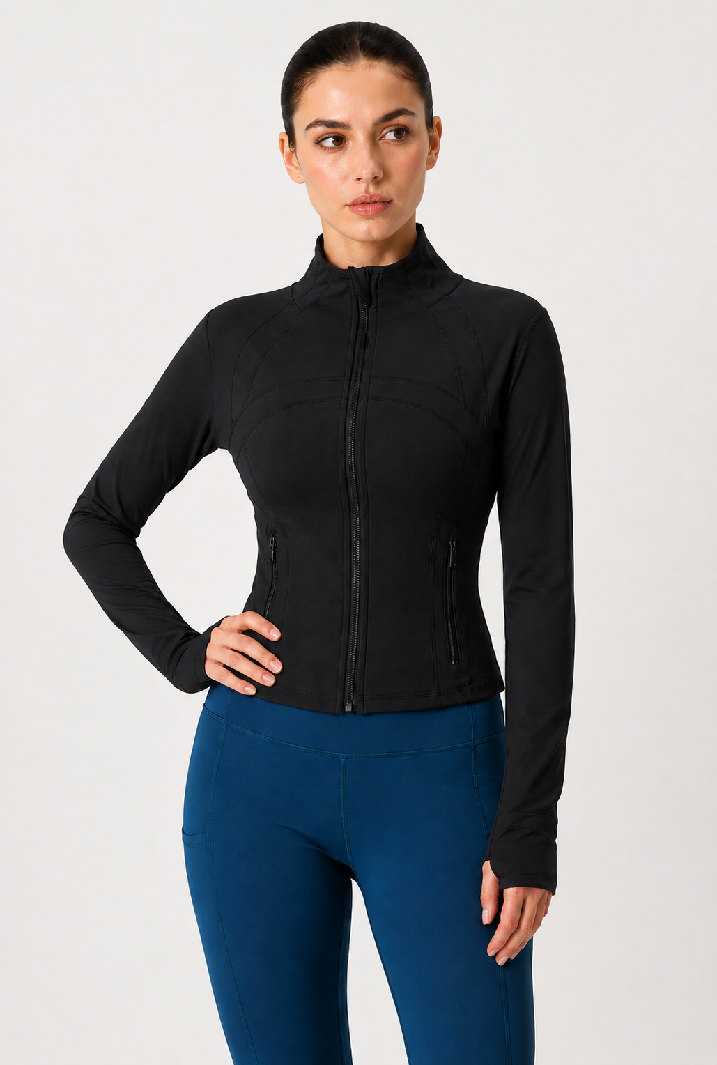 women yoga zip jacket black front view standing