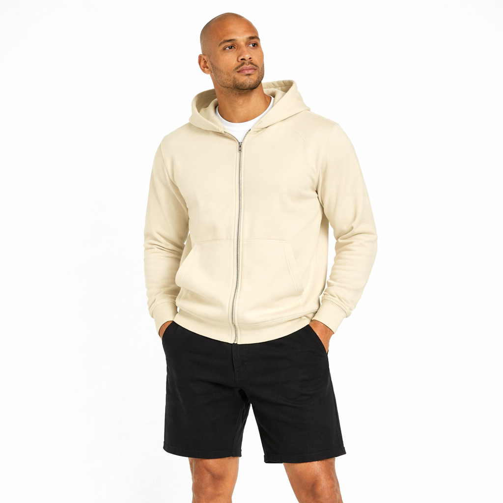 mens zip hoodie beige front view
