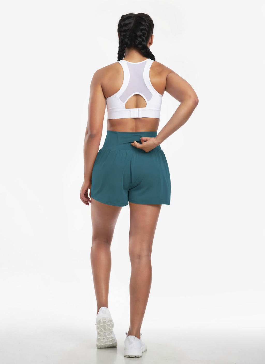2-in-1 gym shorts women pocket teal back view
