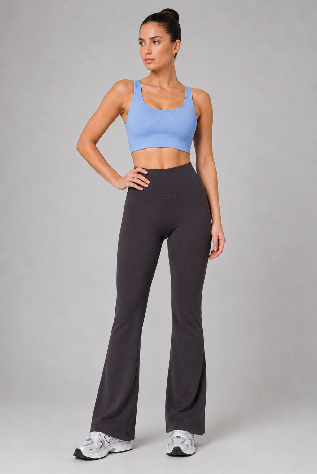 high waist flare leggings distilled gray full body outfit