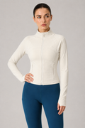 women yoga zip jacket cream front view standing