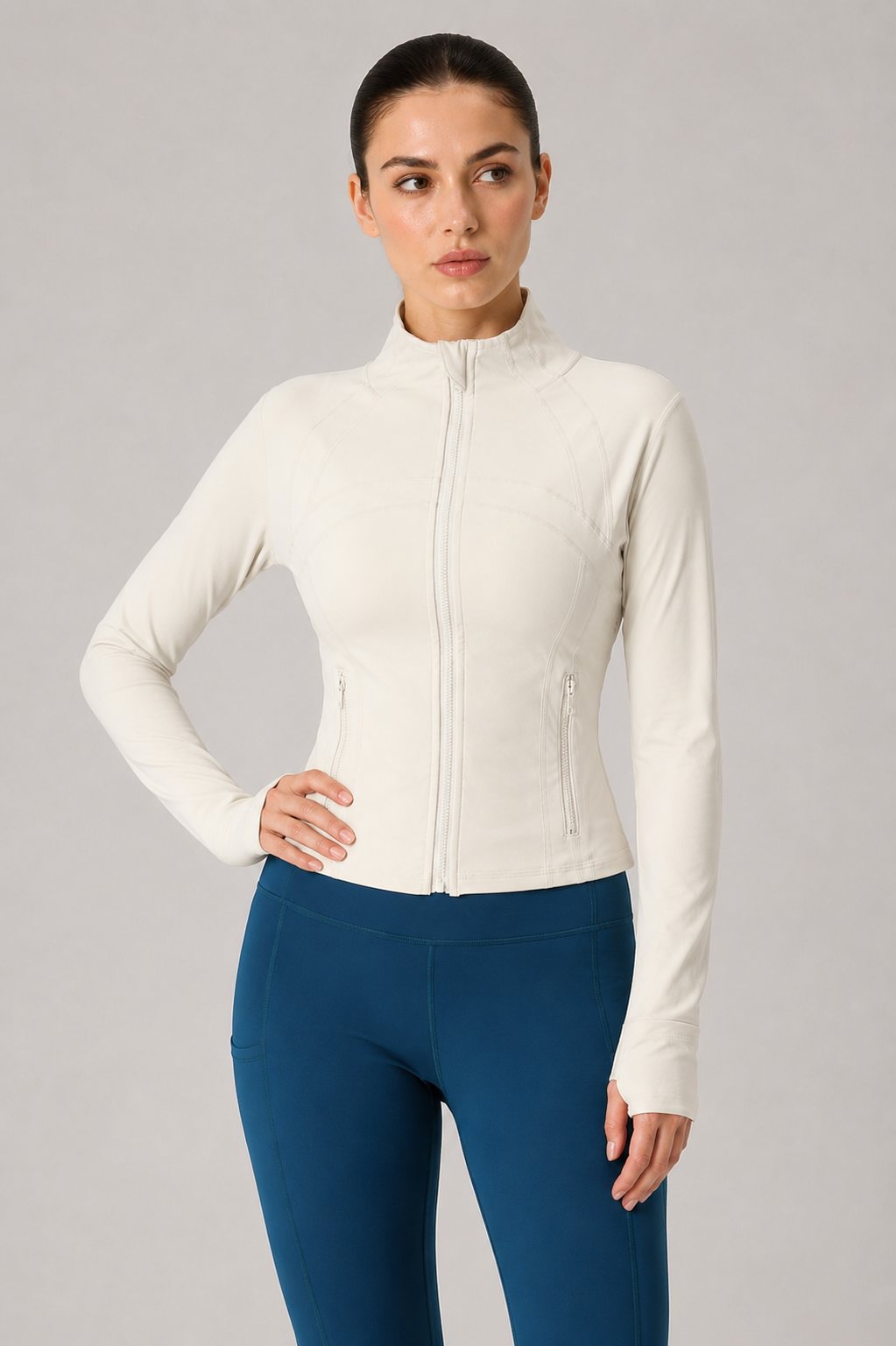 women yoga zip jacket cream front view standing