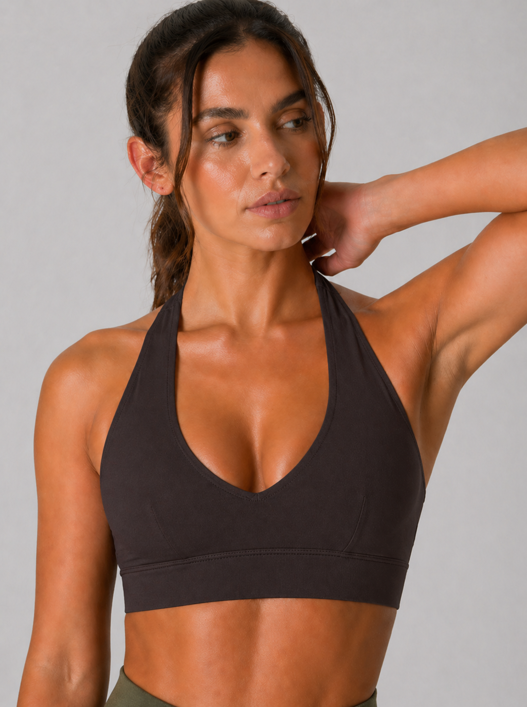 halter sports bra coffee front view