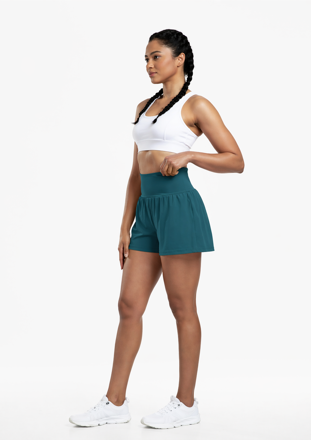 2-in-1 gym shorts women pocket teal full body