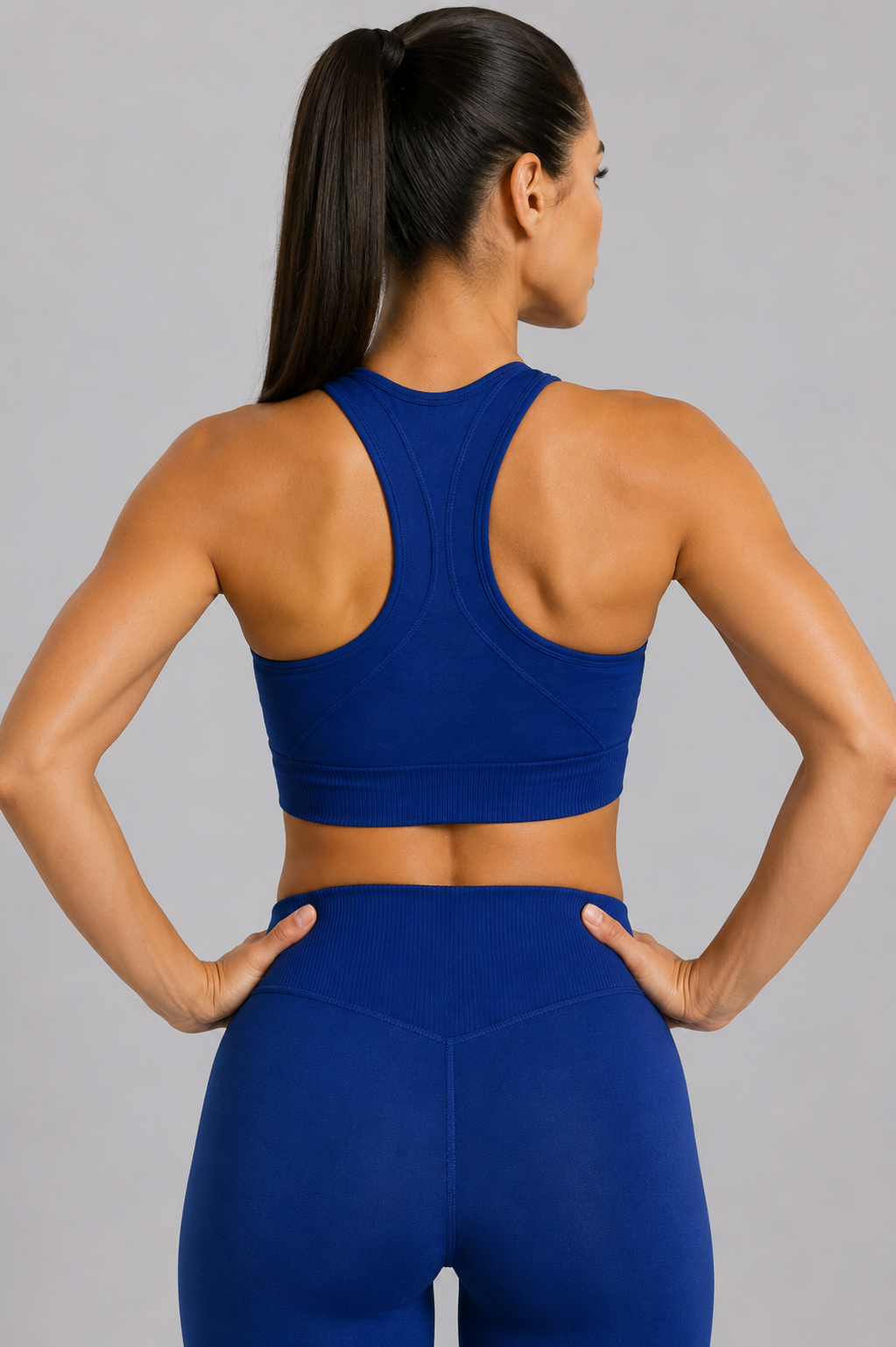 seamless racerback sports bra blue back pose