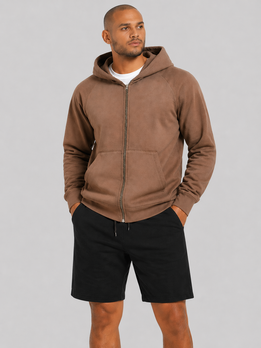 mens zip hoodie coffee front view