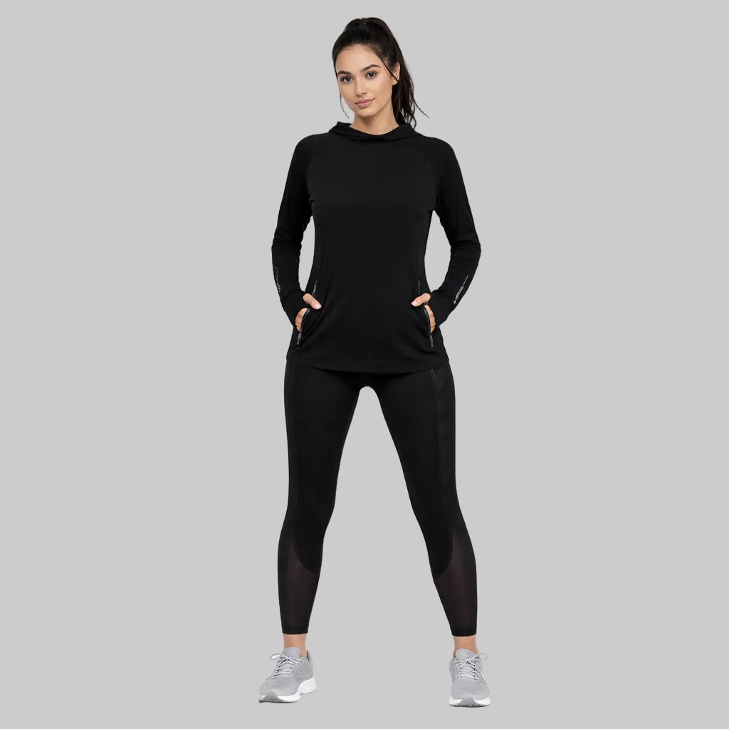 women's quick-dry training hoodie black full body view