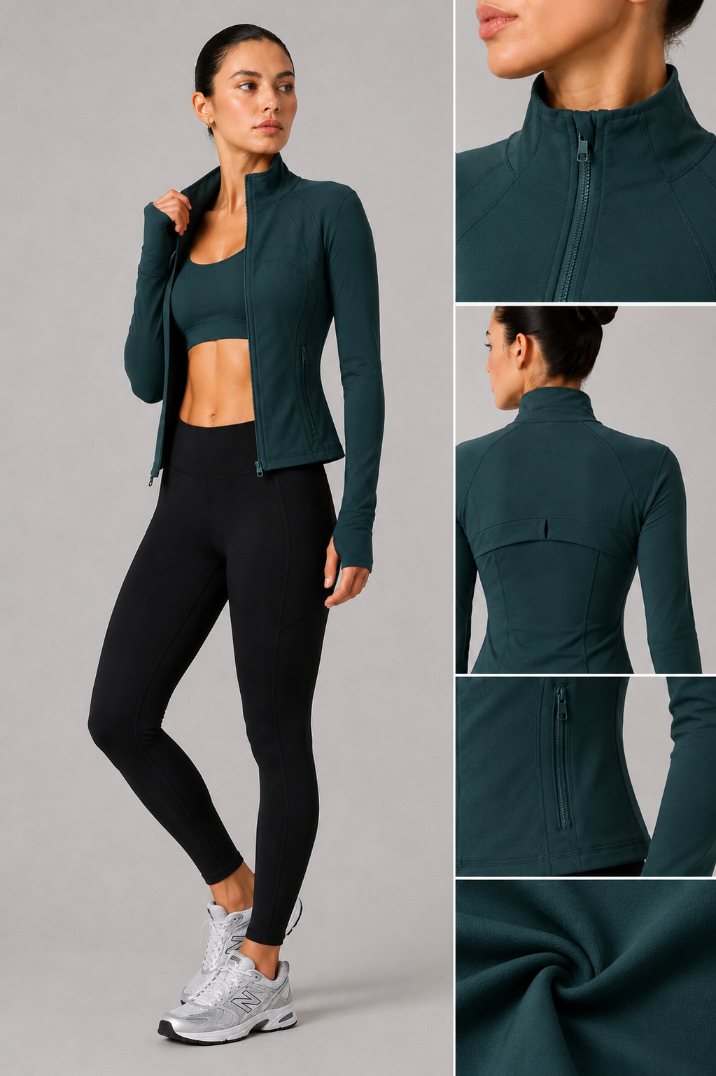 women yoga zip jacket teal fabric detail close up