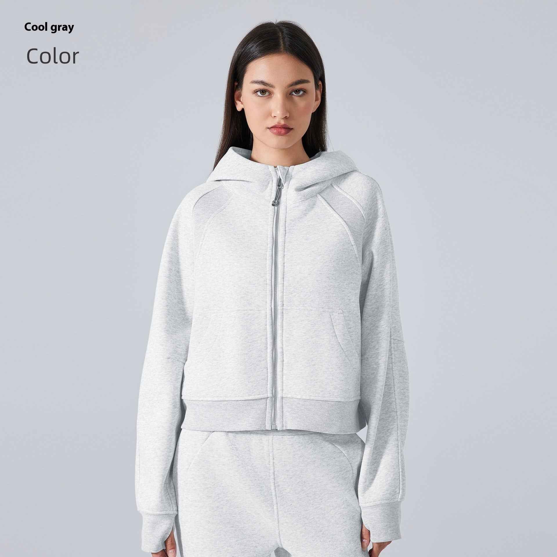 women thermal zip hoodie gray front view
