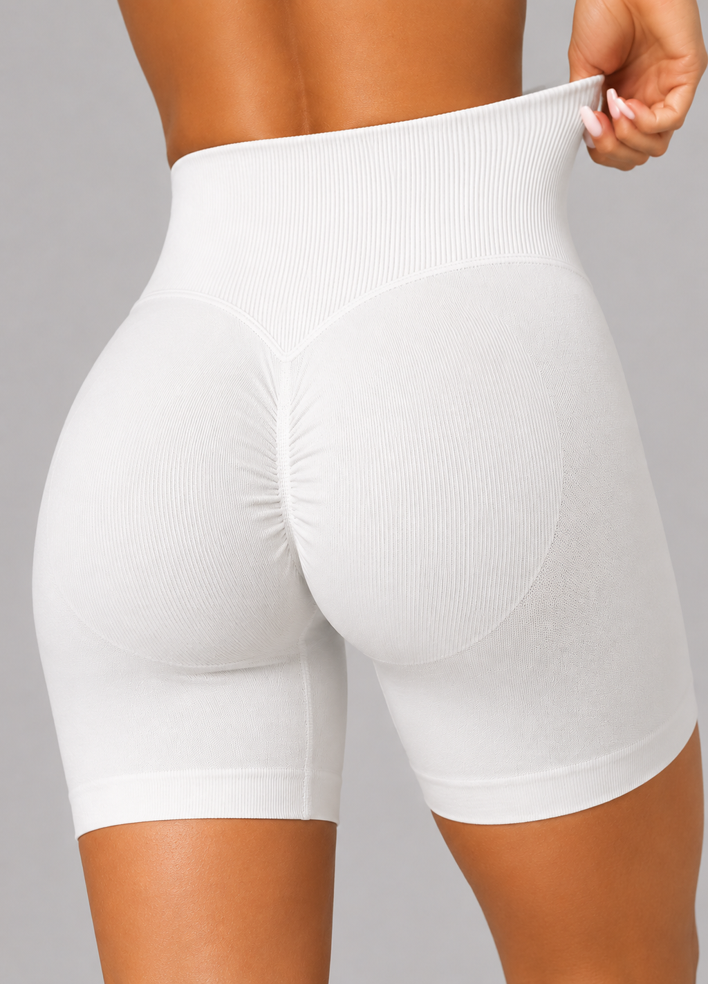women v waist scrunch shorts cream back detail