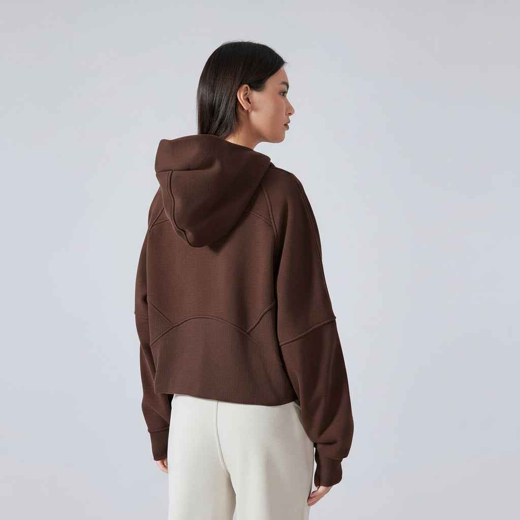 women thermal zip hoodie brown back view