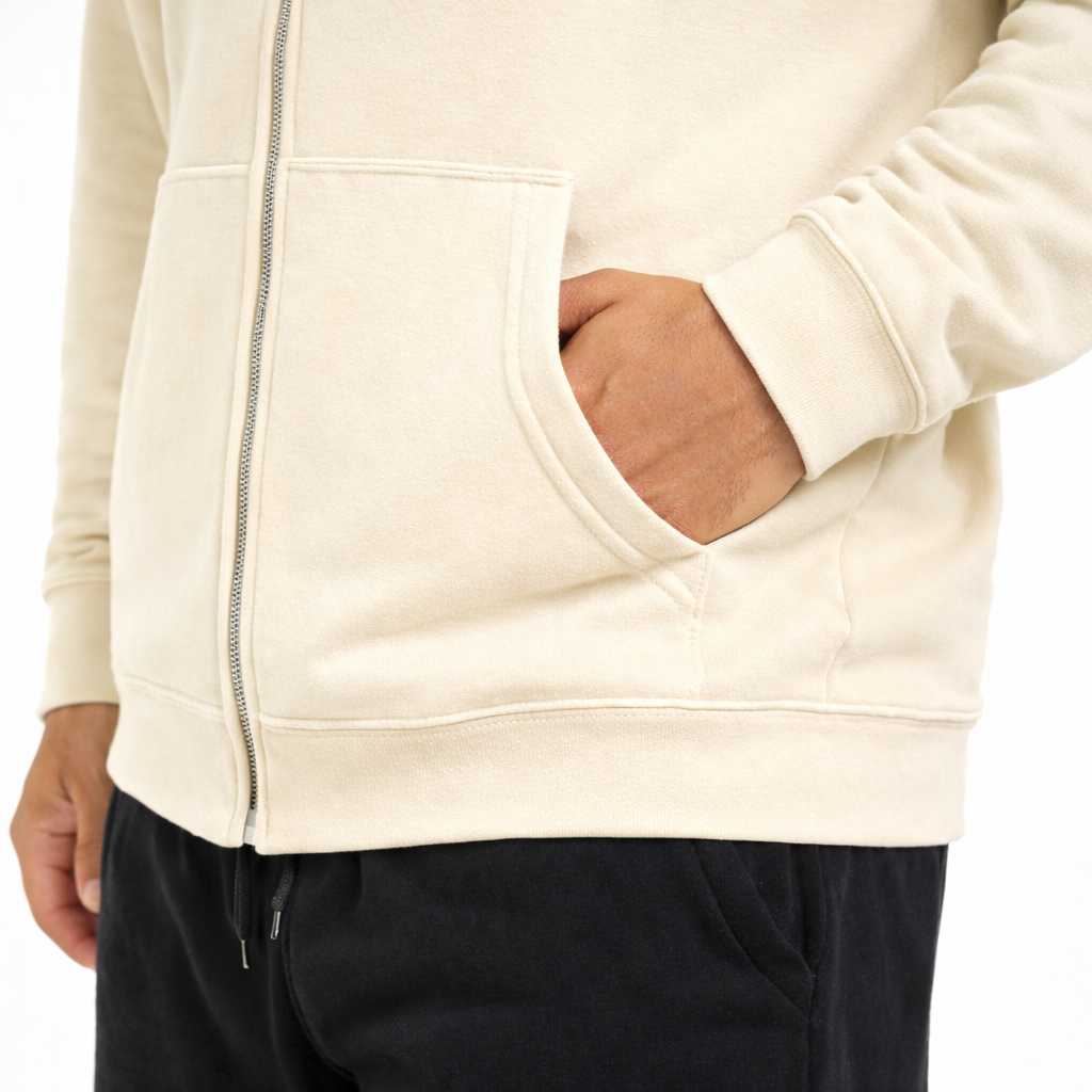 mens zip hoodie beige pocket detail