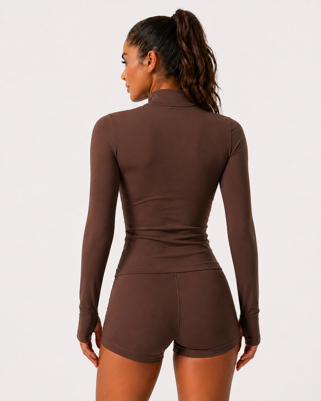seamless zip long sleeve top women brown back view