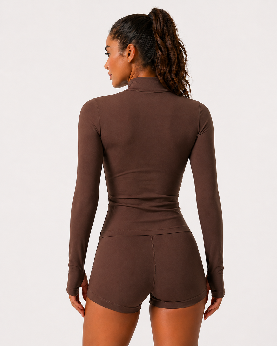 seamless zip long sleeve top women brown back view
