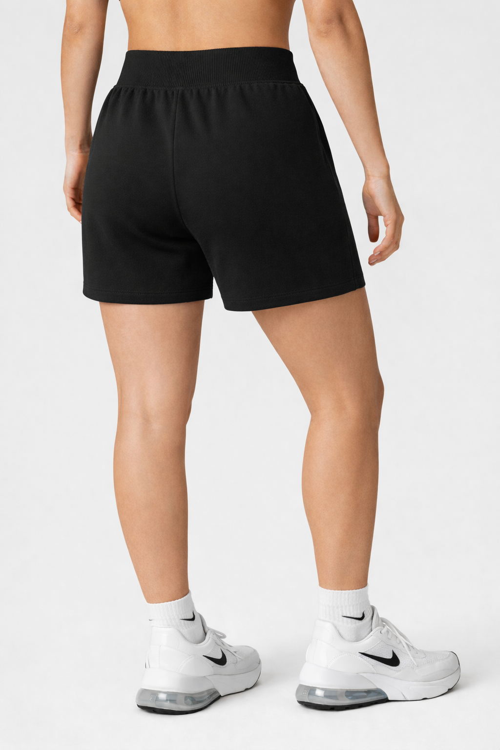 high waist sweat shorts women back view black