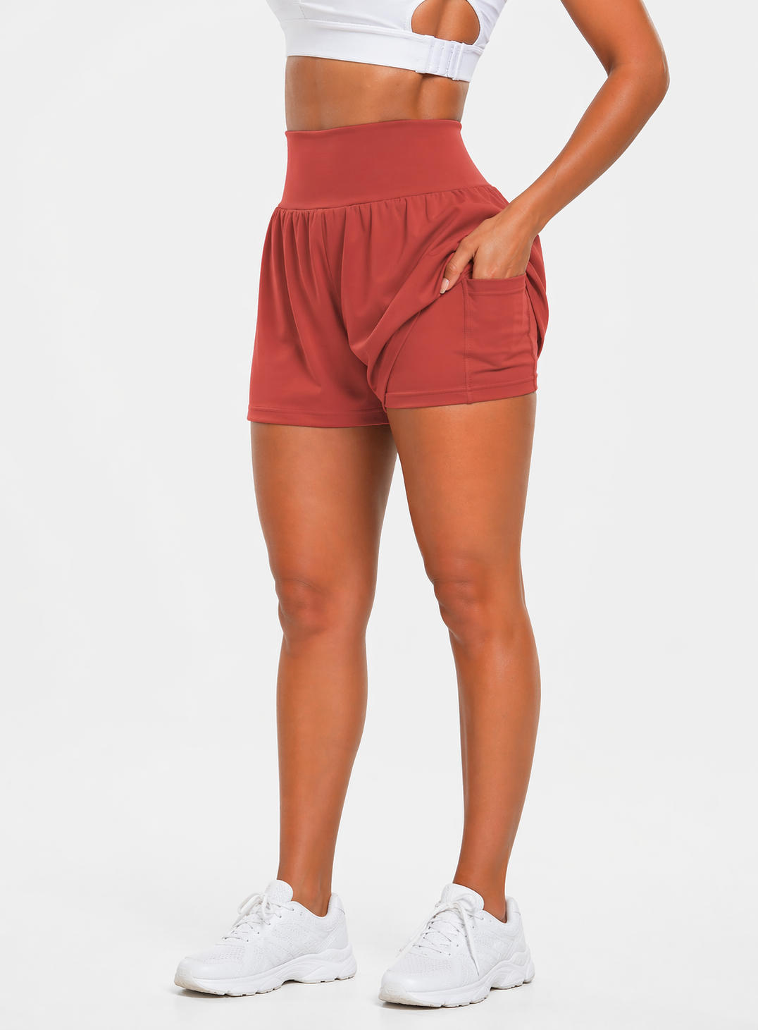 2-in-1 gym shorts women pocket rust red front view