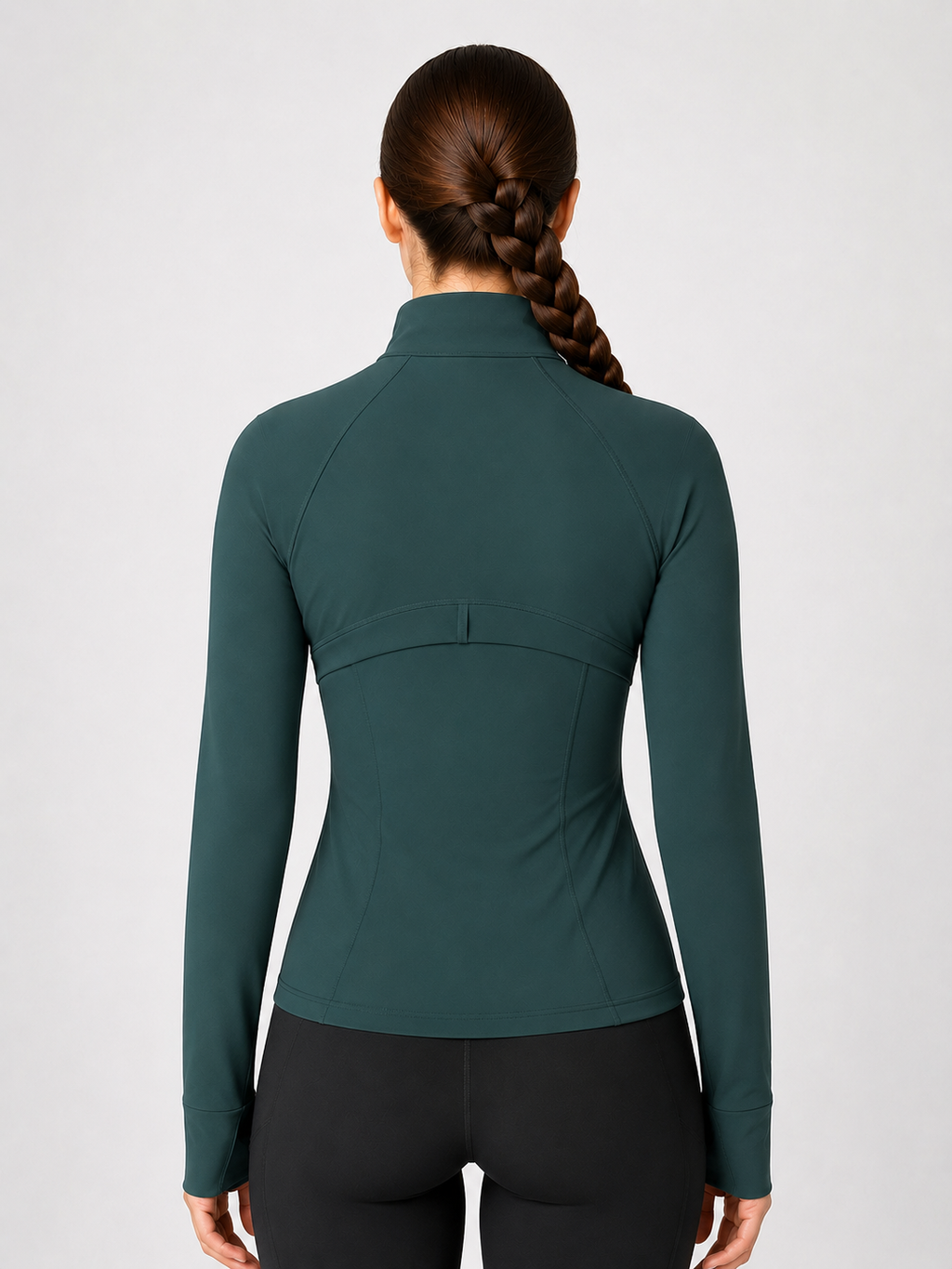 women yoga zip jacket teal back view standing
