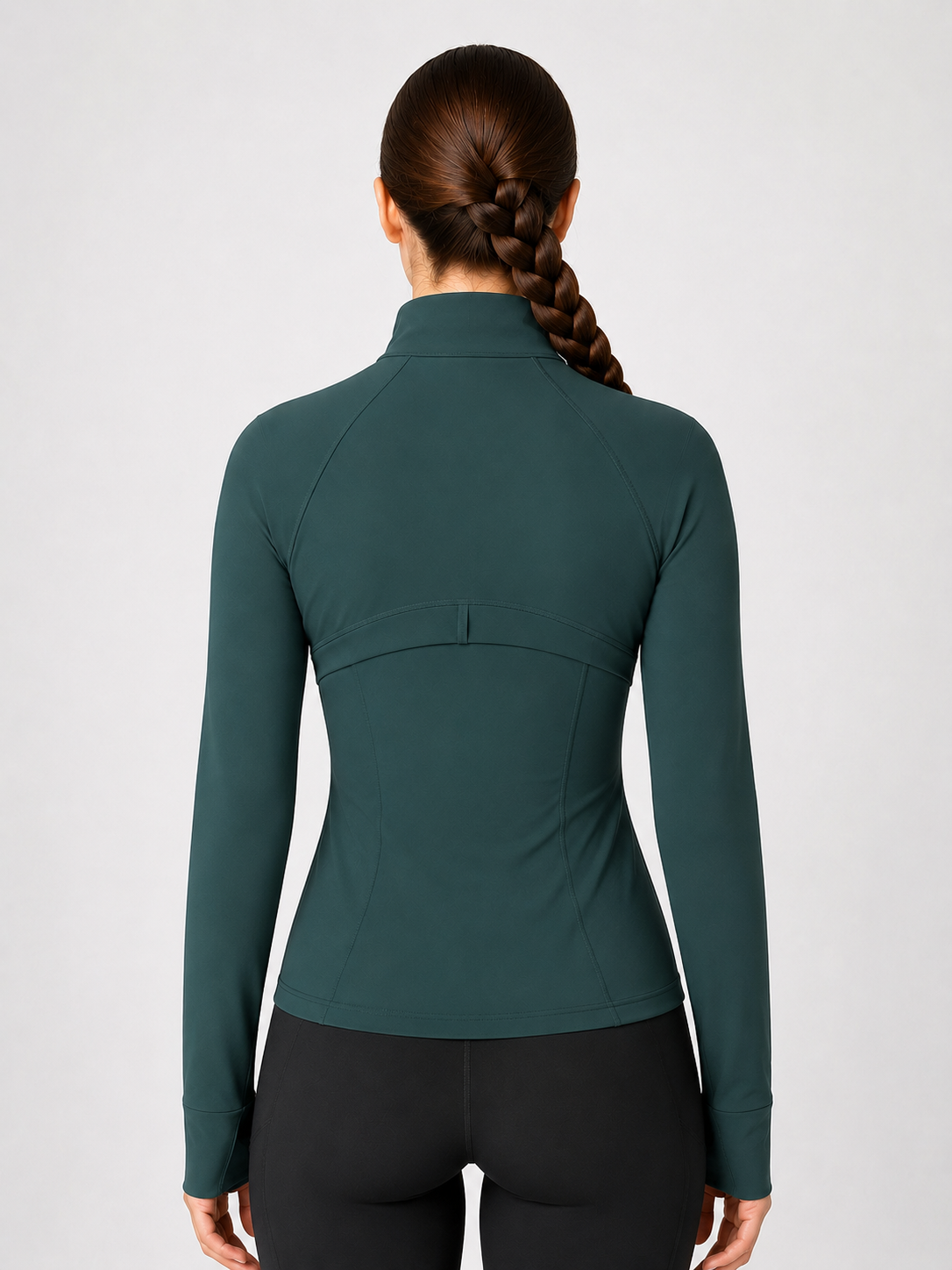 women yoga zip jacket teal back view standing