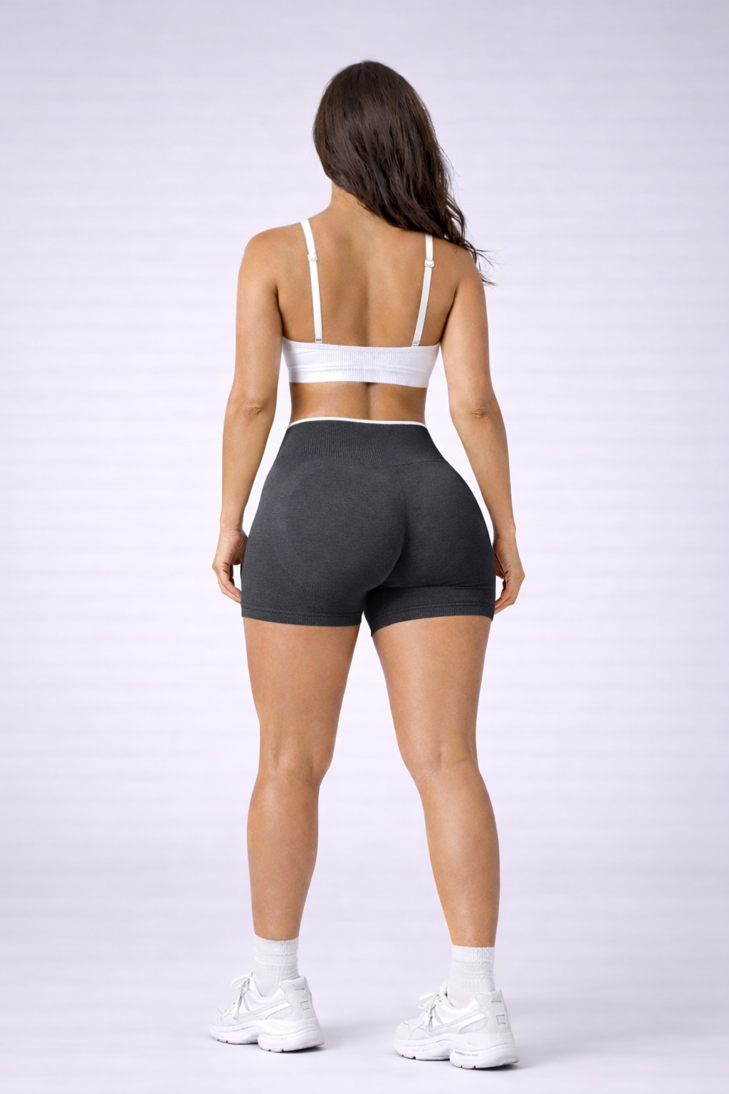 seamless high waist shorts women back view grey