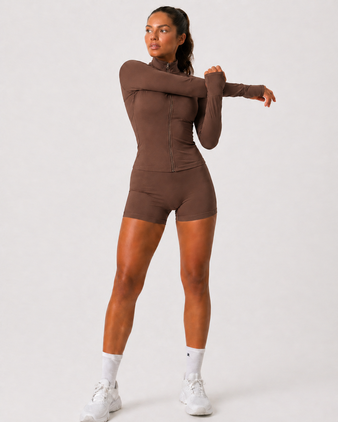 seamless zip long sleeve top women brown full body