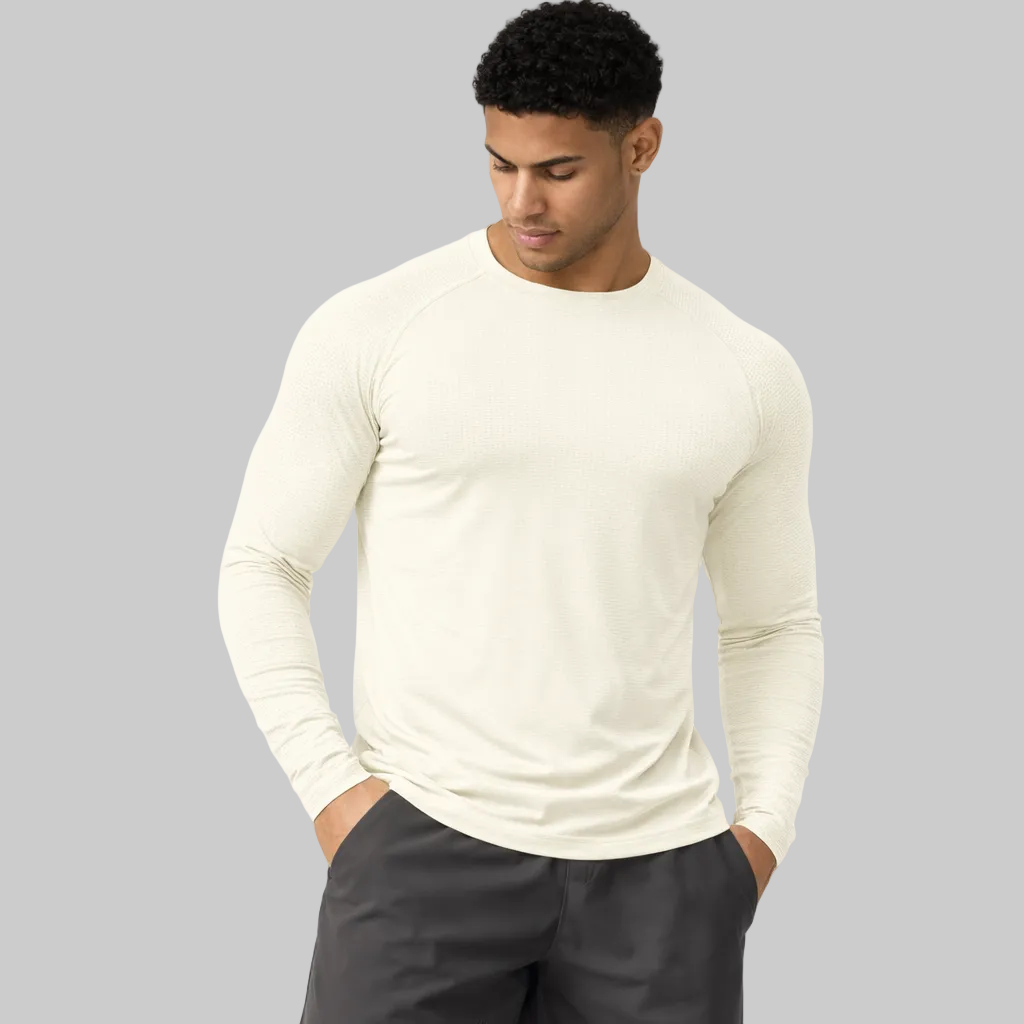 mens long sleeve training shirt beige close fit
