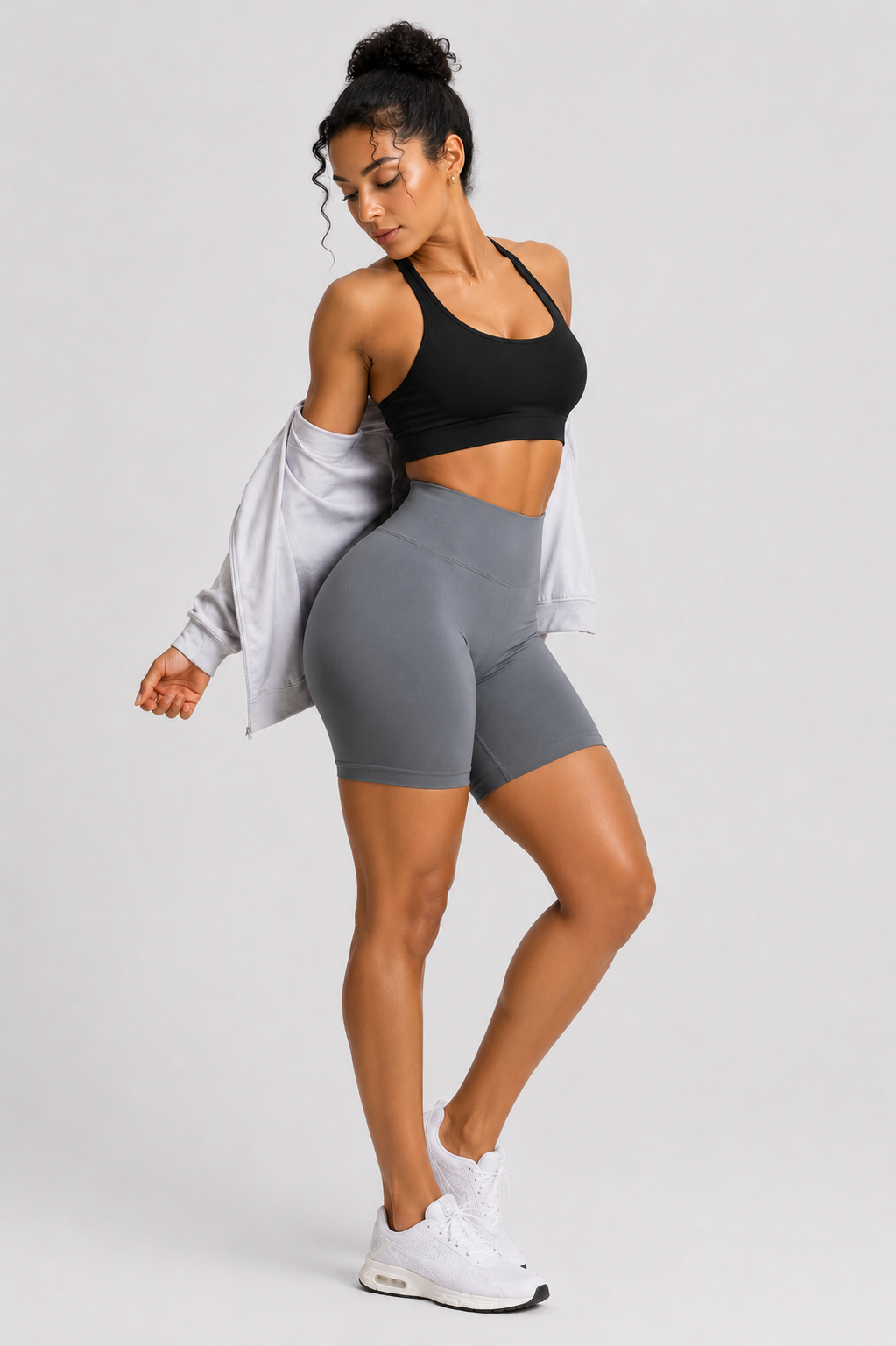 high waist contour shorts women dark grey gymwear side pose