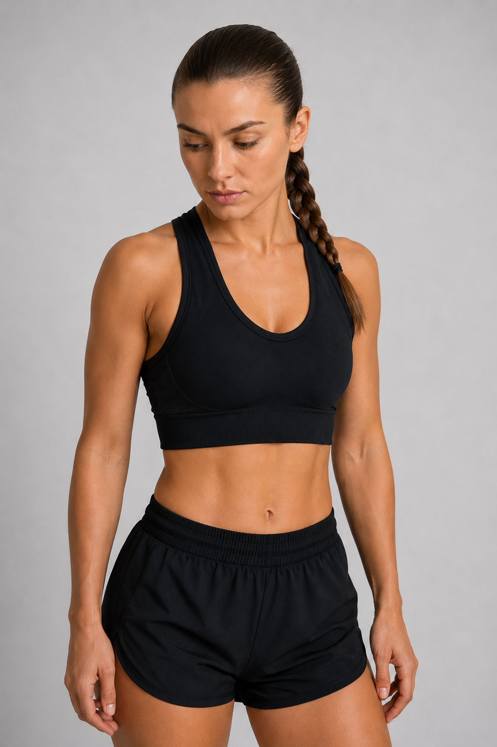 seamless racerback sports bra black front pose