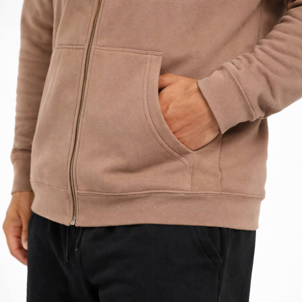 mens zip hoodie coffee pocket detail
