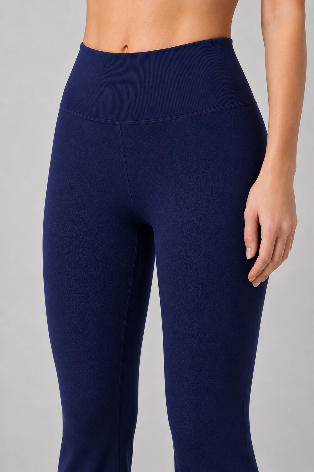 high waist flare leggings deep navy blue front close up