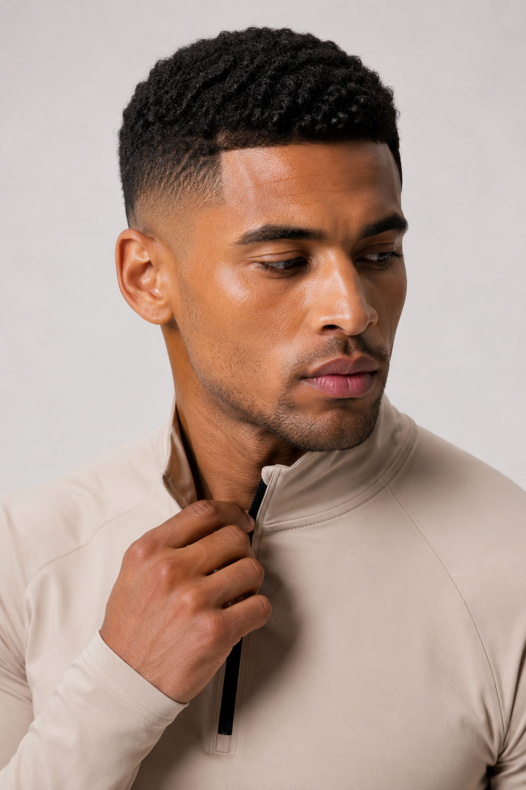 men’s long sleeve quarter zip beige portrait close up