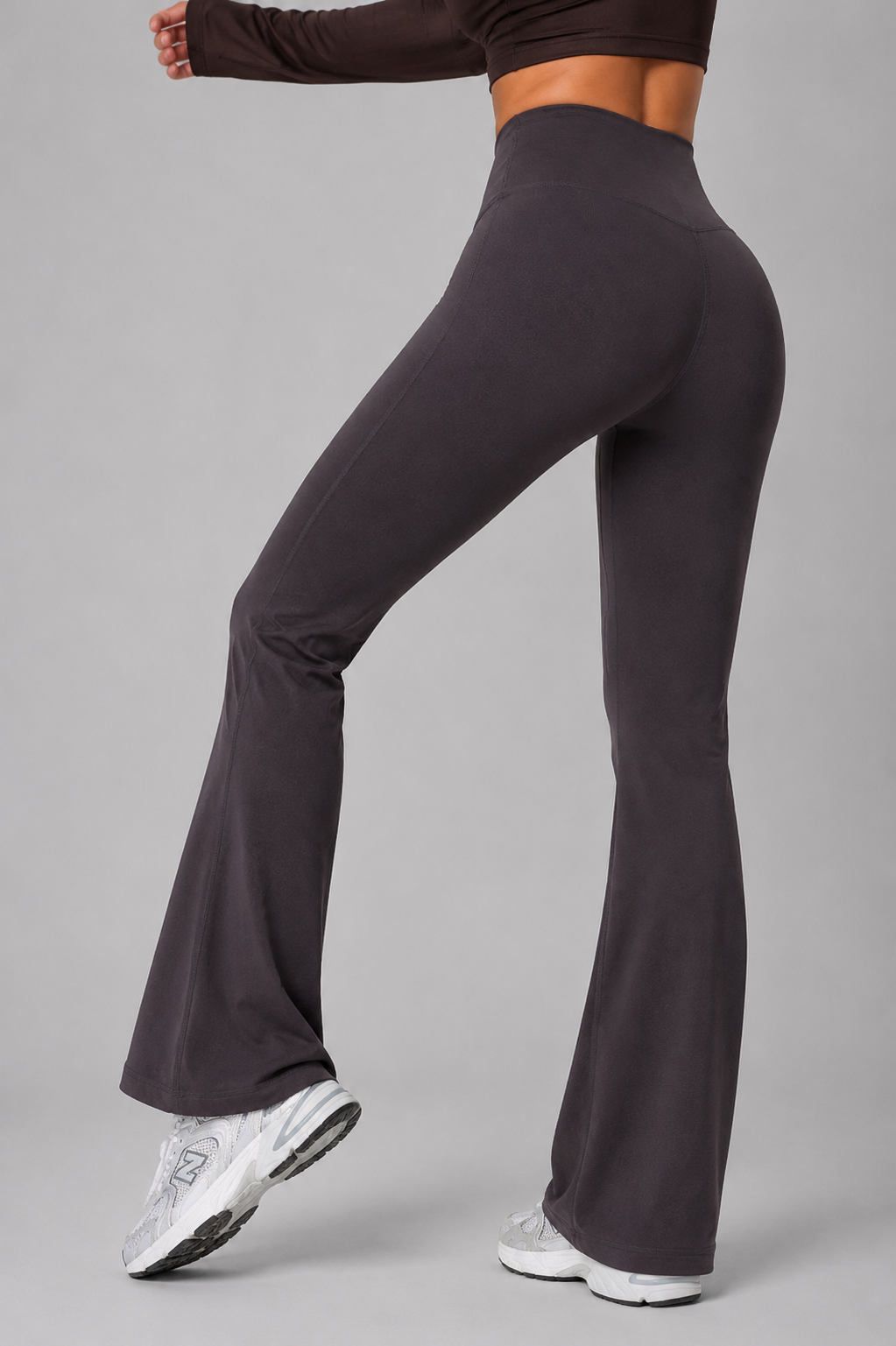high waist flare leggings distilled gray side angle pose