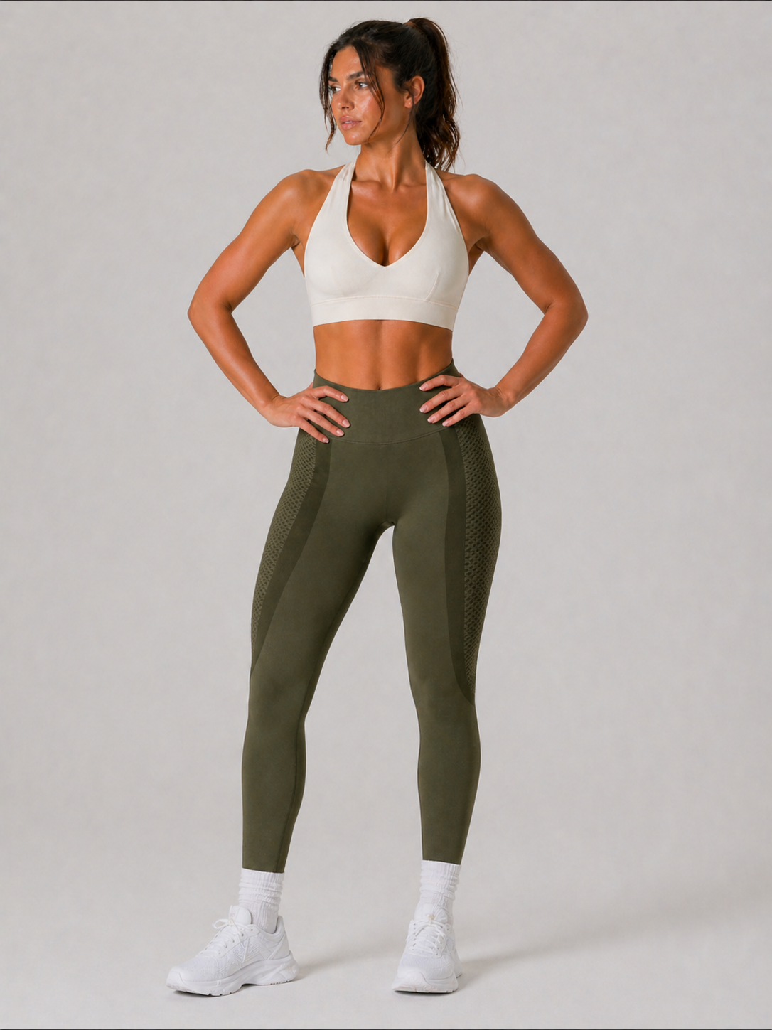 halter sports bra Beige full outfit gym set