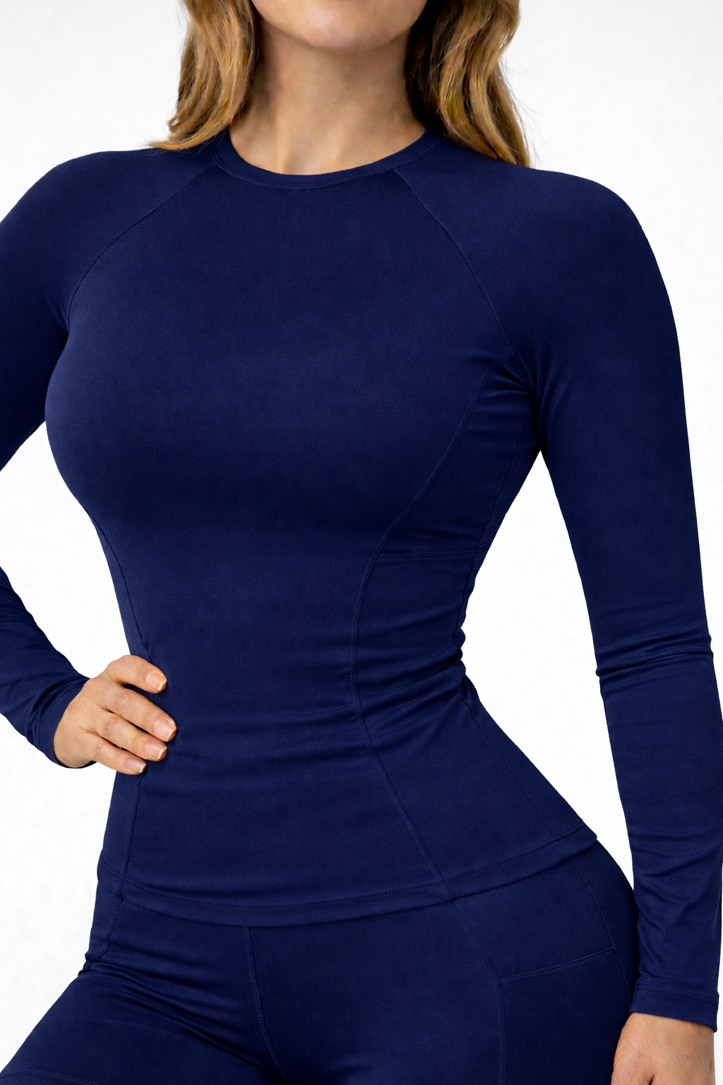 slim fit long sleeve top women navy blue seamless front detail