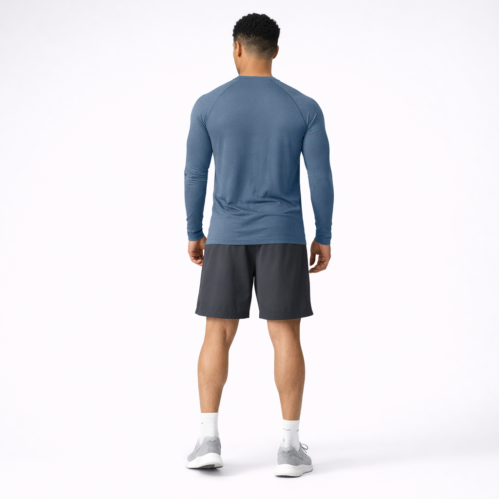 mens long sleeve training shirt blue gray back view
