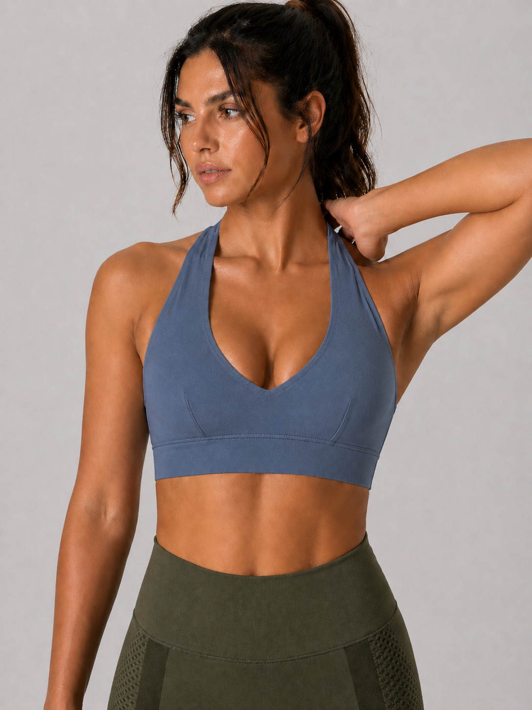 halter sports bra blue gray side view
