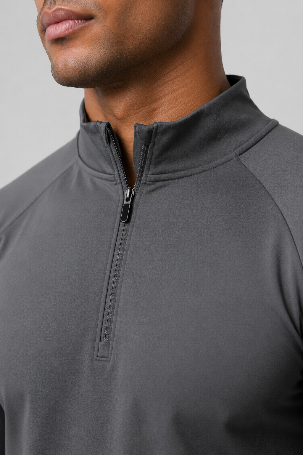 men’s long sleeve quarter zip grey zipper close up