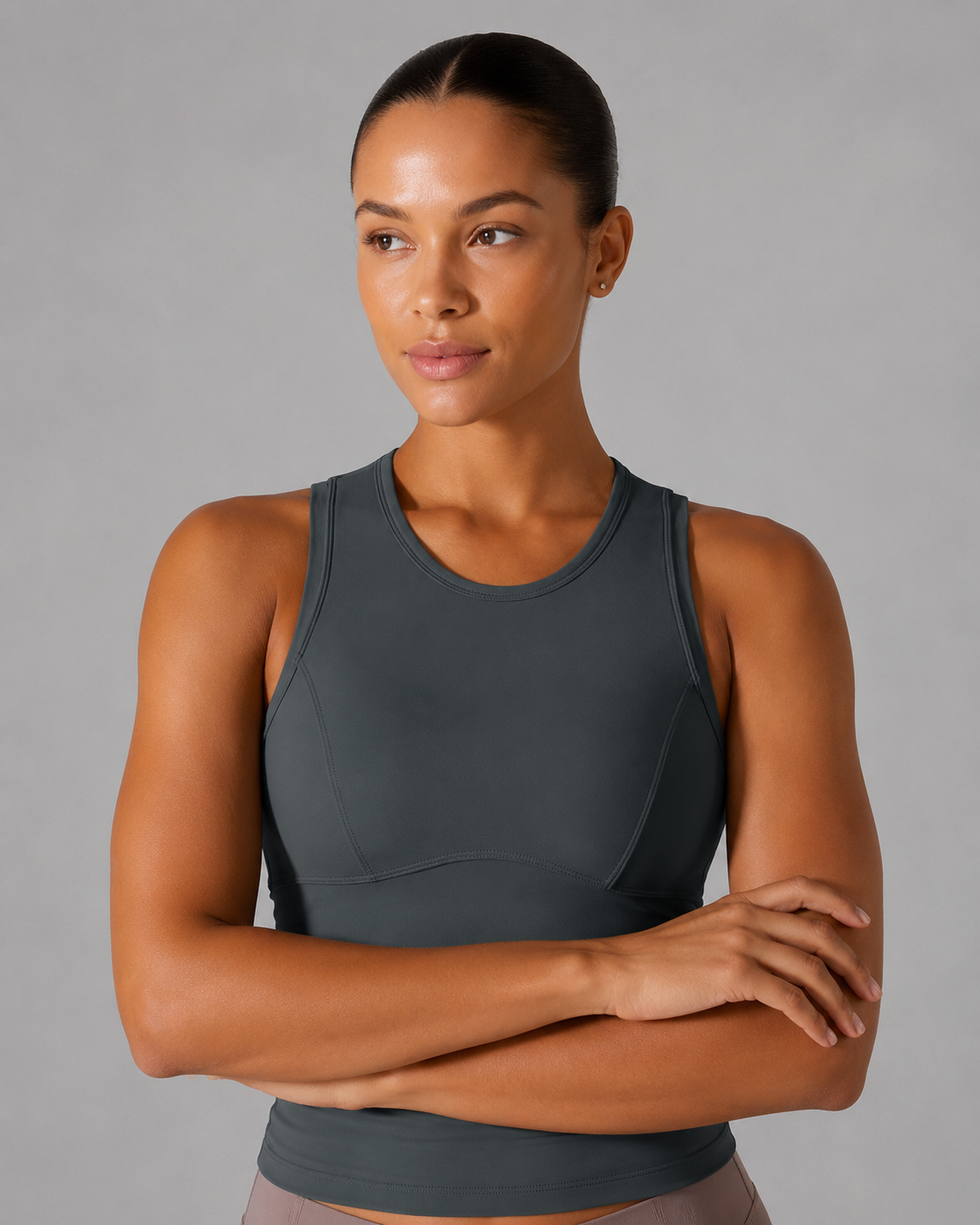 sport tank top women blue gray arms crossed pose
