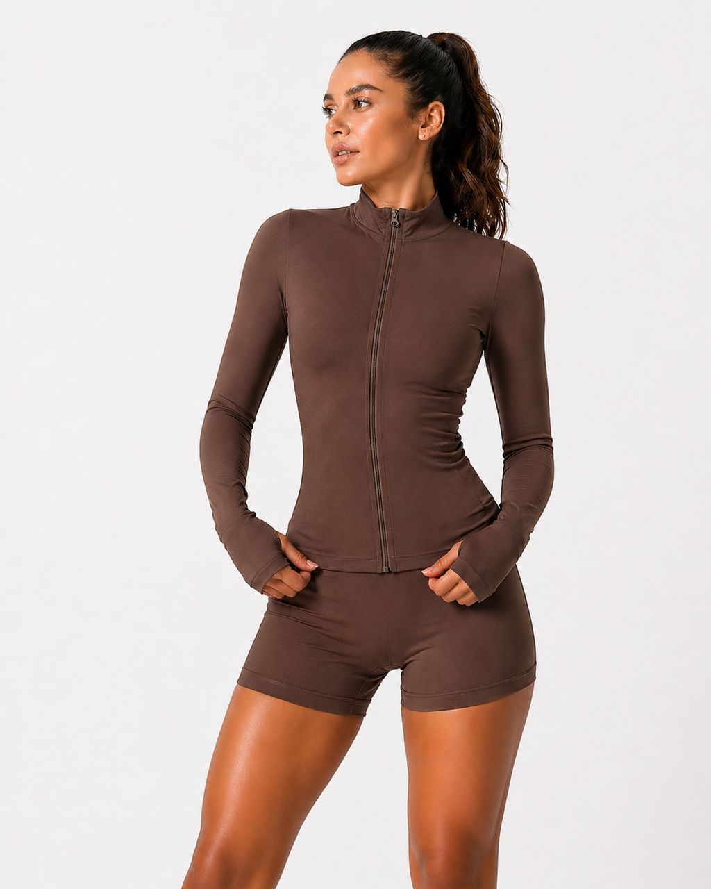 seamless zip long sleeve top women brown angled view