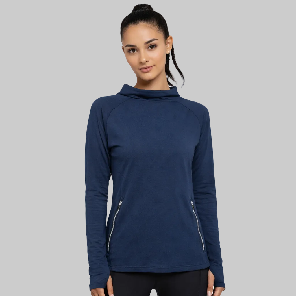 women's quick-dry training hoodie navy blue front view