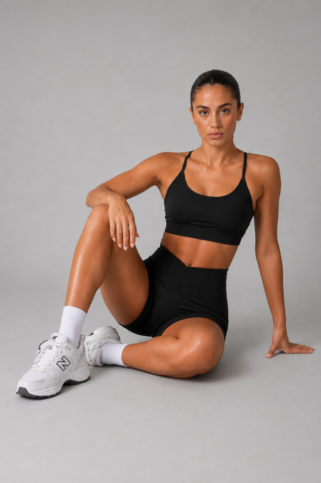 women v waist scrunch shorts black activewear outfit