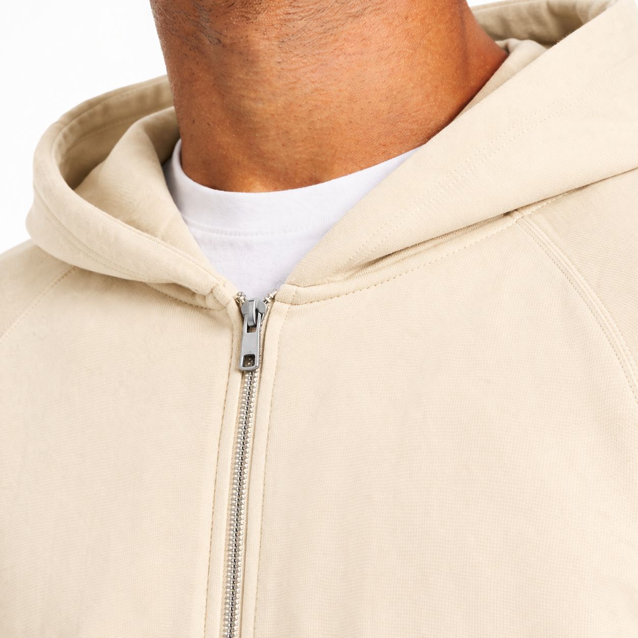 mens zip hoodie beige zipper detail close up